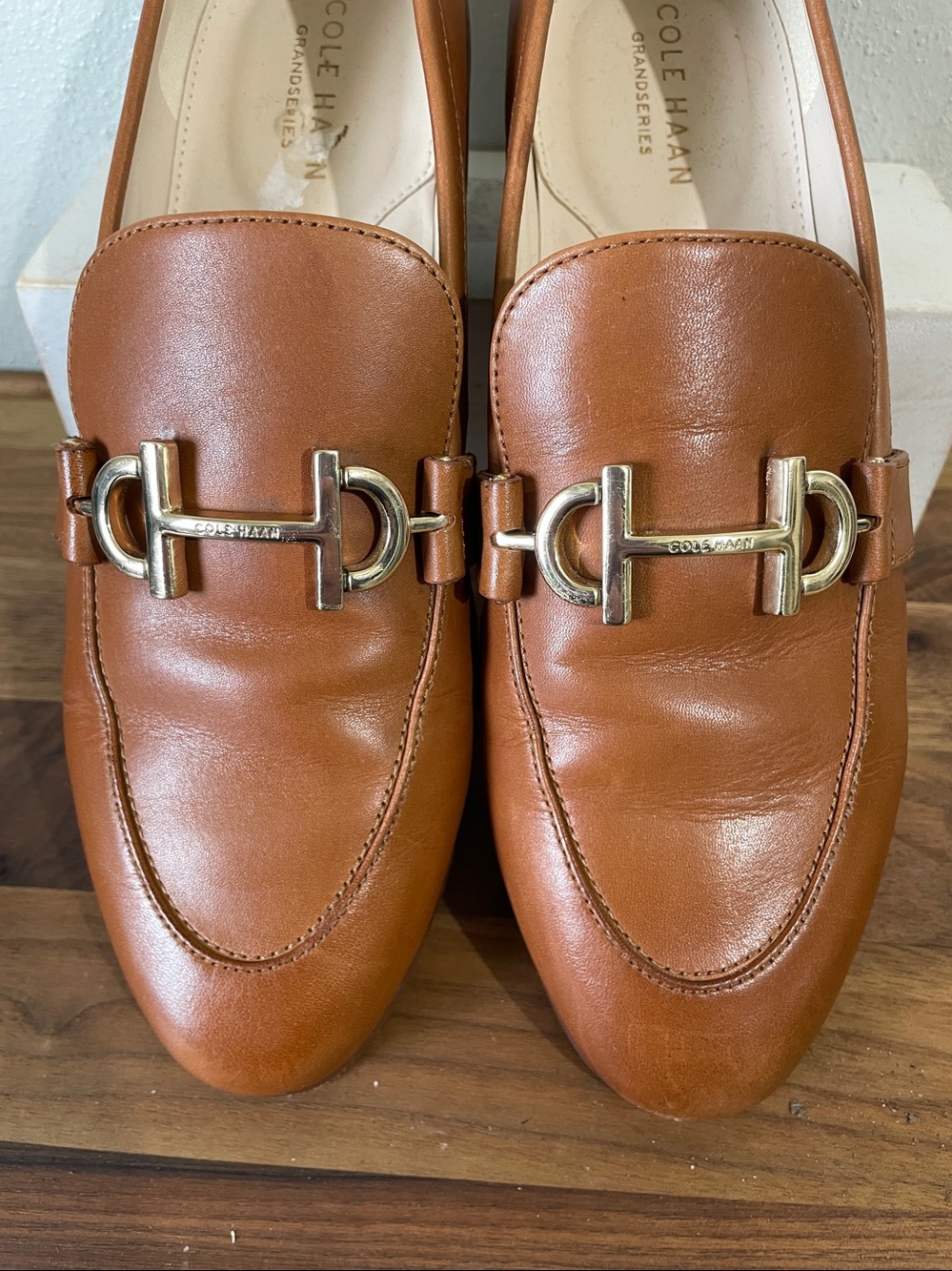 Leather Horsebit Loafers Cognac Brown Slip On Equestrian 8B Timeless Cole Hann - Picture 2 of 10